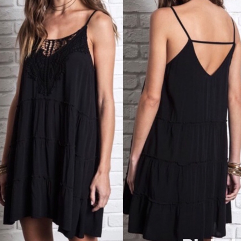 Black Sleeveless Lace Crochet Tank Boho Dress NWT - Picture 1 of 3